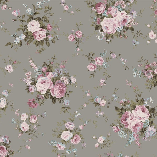 Rose Garden - Rose Bouquet Toss Earthy Grey from Cosmo Fabric