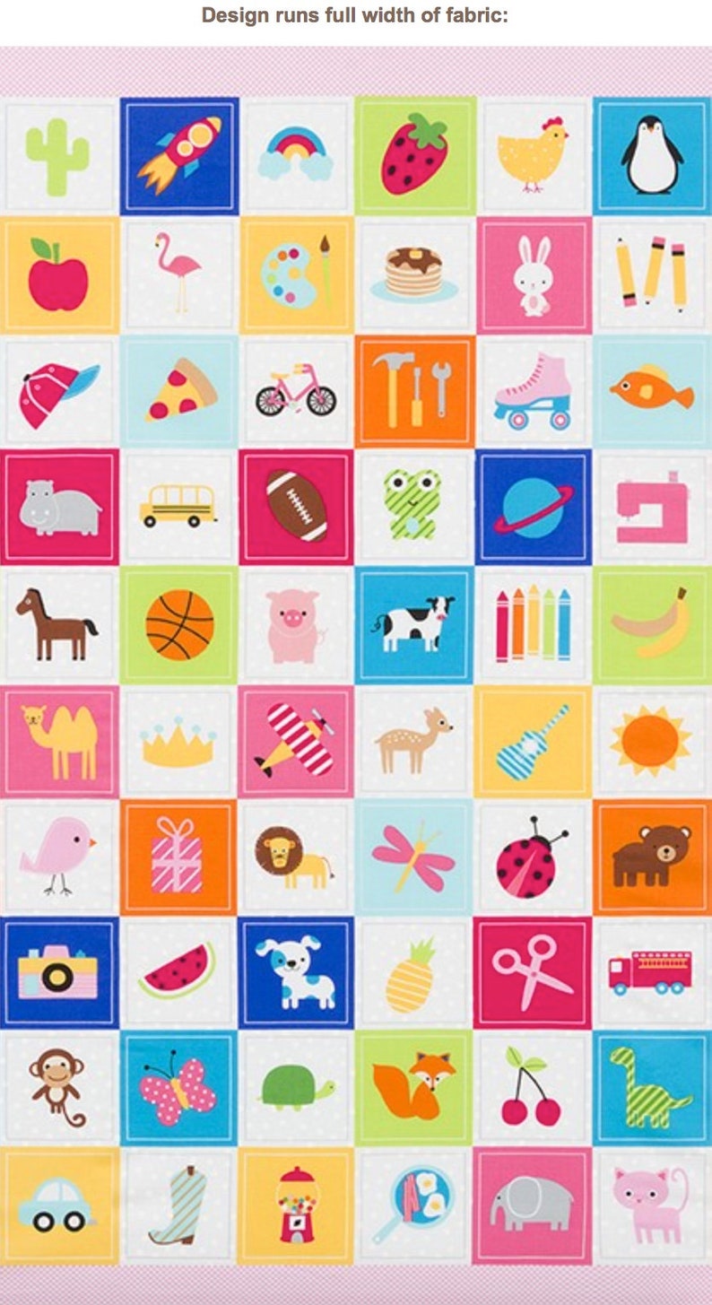May include: A colorful fabric with a grid of 49 squares, each containing a different illustration. The illustrations include animals, food, objects, and transportation. The fabric is perfect for quilting, sewing, and crafting.