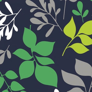 May include: A repeating pattern of stylized leaves in shades of green, gray, and white against a dark blue background. The leaves vary in size and shape, creating a dynamic and natural design. The overall aesthetic is modern and botanical.