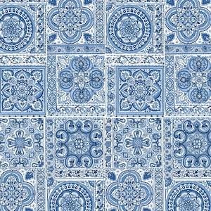 May include: A repeating pattern of blue and white tiles. Each tile features a different ornate floral or geometric design. The pattern is reminiscent of traditional tilework, with a mix of circular, square, and rectangular shapes.