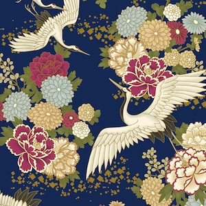 縁起の良いパターン メタリック - クレーン フローラル ダークブルー キルト ゲート ファブリックより