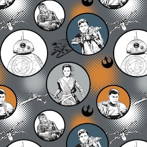 Star Wars 7 The Force Awakens - Multi Star Wars Badges Iron Grey from Camelot Cottons