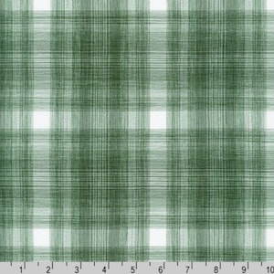 May include: A white fabric with a green plaid pattern. The fabric has a subtle texture and a slightly faded look.