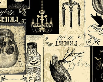 May include: A vintage-style Halloween themed fabric with a black and cream color scheme. The fabric features a variety of images including a skull, a raven, a chandelier, a pumpkin, and a bottle. The fabric also includes the text "Fright Night" and "Pumpkin Carving".