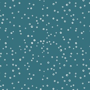 May include: A teal blue background with a scattered pattern of white circles.