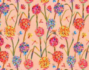 Flora and Fun - Flower Pots Flying Bugs Coral by Subhashini Narayanan from Robert Kaufman Fabrics
