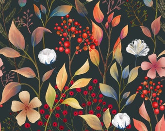 Peut inclure: Motif floral sans couture sur fond sombre. Le motif présente des fleurs pêche et blanches, des baies rouges, des boules de coton et des feuilles orange, jaunes et bleues. Un design botanique répété.