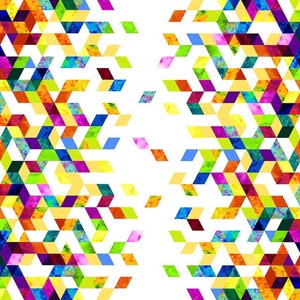 May include: Abstract geometric pattern with a white background. The pattern is made up of colorful, watercolor-like triangles that are arranged in a repeating pattern. The triangles are in shades of blue, green, yellow, orange, red, and purple.
