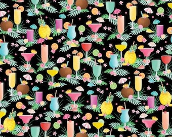 Flamingal Pals - Tropical Drinks Black from Benartex Fabrics