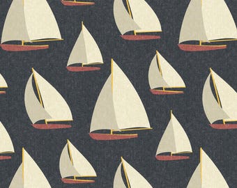 May include: A seamless pattern featuring white sailboats with yellow accents on a dark blue background. The sailboats are arranged in a repeating pattern, creating a nautical theme.