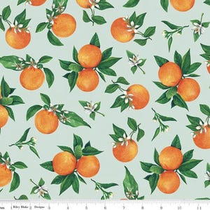 May include: A seamless fabric pattern featuring a repeating design of orange citrus fruit with green leaves and white blossoms on a light blue background.