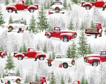 Tradition Continues II - Trucks Forest Winter from Henry Glass Fabric