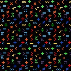 Może przedstawiać: Powtarzający się wzór kolorowych symboli matematycznych na czarnym tle. Symbole obejmują pi, nieskończoność, dzielenie, mnożenie i znaki procentowe. Symbole są w różnych kolorach, w tym czerwonym, pomarańczowym, żółtym, zielonym, niebieskim i fioletowym.