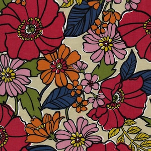 May include: A beige fabric with a repeating pattern of red, orange, pink, and yellow flowers. The flowers are stylised and have a retro look.