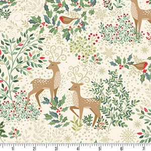 May include: Cream-colored fabric featuring a repeating pattern of deer, birds, holly, and snowflakes. The deer are brown with white spots, and the birds are reddish-brown. Green leaves and red berries add color to the design.