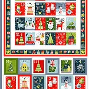 Può includere: Pannello in tessuto calendario dell'Avvento con bordo rosso. Il pannello presenta 24 quadrati numerati con illustrazioni a tema natalizio, tra cui alberi, case e Babbo Natale. La parte superiore del pannello recita "ADVENT CALENDAR".