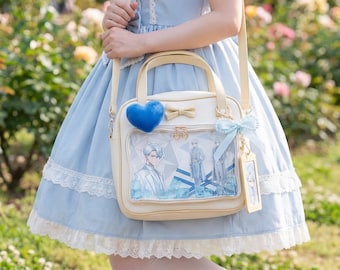Kawaii Cream Ita Bag with Bow - Clear Window Handbag for Anime Pins & Plush, Cute Fandom Display Tote Bag