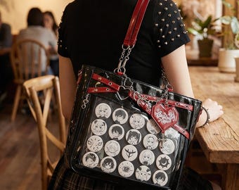 Rivet Chain Punk Ita Bag, Large Window Shoulder Bag, Y2K Gothic Rock Pin Display Handbag for Girls and Women