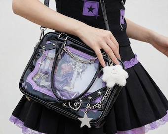 Bolsa estilo Rock Punk Ita com Rebites e Corrente, Bolsa Transversal Grande com Janela, Bolsa Estilo Gótico Rock Y2K para Meninas e Mulheres