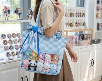 Large Blue Canvas Ita Shoulder Bag, Clear Display Pin Bag Anime Pin Display Bag, School Messenger Bag for Girls
