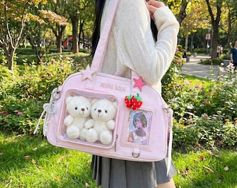 Kawaii Ita Shoulder Bag with Clear Window – Harajuku Crossbody Purse for Anime Pins, Keychains & Cosplay Gifts