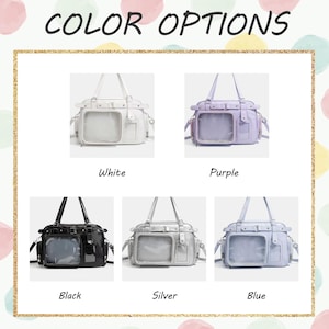 May include: Image showcasing a selection of handbags in various colors: white, purple, black, silver, and blue. Each bag features a clear front pocket and a top handle, with the text "COLOR OPTIONS" at the top.