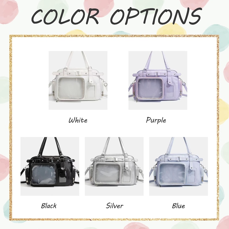 May include: Image showcasing a selection of handbags in various colors: white, purple, black, silver, and blue. Each bag features a clear front pocket and a top handle, with the text "COLOR OPTIONS" at the top.