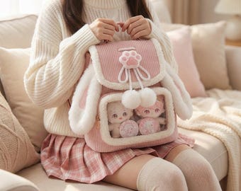 Pink Kawaii Corduroy Mini Backpack for Women with Rabbit Ears, Cute Lolita Small Daypack