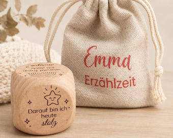 Erzählwürfel personalisiert | Geschenk zur Einschulung | Gesprächswürfel für Kinder | Schulanfang | Stoffbeutel inklusive