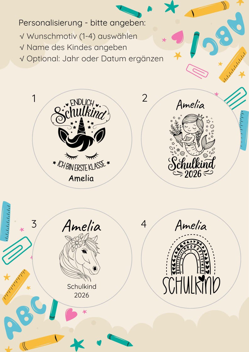 Pode incluir: Uma cole&ccedil;&atilde;o de quatro desenhos circulares com ilustra&ccedil;&otilde;es pretas e o nome "Amelia". Os desenhos incluem um unic&oacute;rnio, uma sereia, um cavalo e um arco-&iacute;ris, todos com o texto "Schulkind" e o ano 2026.