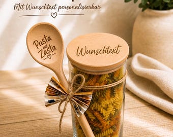Geldgeschenk Glas Pasta mit Zaster mit graviertem Kochlöffel personalisierbar originelles Geschenk Küche