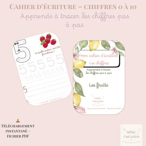 May include: Two white flashcards with text and illustrations. One card features the number 5, with tracing guides and a raspberry illustration. The other card has lemon and floral illustrations and text in French.
