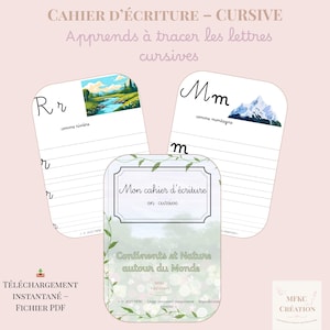 Può includere: Fogli di esercizi di scrittura corsiva con le lettere R e M, e illustrazioni di un fiume e una montagna. Il foglio centrale è etichettato come "Il mio quaderno di scrittura corsiva" e "Continenti e natura in tutto il mondo".