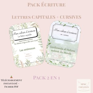 Peut inclure: Deux packs de téléchargement numérique sur fond rose clair. Les packs sont intitulés "Pack Écriture" et "Lettres Capitales + Cursives". Un pack dit "Mon cahier d'écriture" et "Les lettres capitales". L'autre pack dit "Mon cahier d'écriture en cursive".