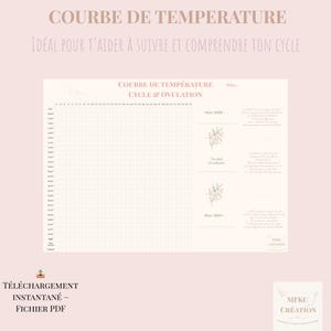 Puede incluir: Un gráfico beige con una cuadrícula para el seguimiento de la temperatura, con el título "Curva de Temperatura" y el texto "Ciclo y Ovulación". El gráfico incluye texto en francés y las palabras "Descarga instantánea - Archivo PDF".
