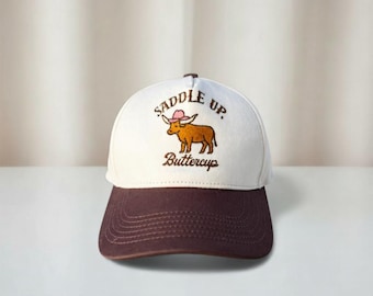 Saddle Up Buttercup Trucker Hat | Western Cowgirl Cap | Brown and White Retro Hat