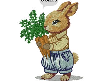 Cute Bunny with Carrots Embroidery Design, Peter Rabbit Style Animal Embroidery Pattern, Machine Embroidery, Easter Bunny Design 3 Sizes