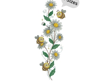 Bee & Daisy Floral Machine Embroidery Design, Honey Bee Flower Embroidery Pattern 3 sizes  Instant Download