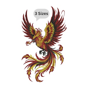 May include: Embroidered phoenix design in shades of red, gold, and black, with outstretched wings and a fiery appearance. The image includes the text "3 Sizes" in a speech bubble, indicating size options for the design.