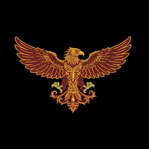 May include: An embroidered design of a golden eagle with outstretched wings, in shades of red and gold. The eagle has intricate detailing and is set against a black background, highlighting its ornate patterns and regal pose.