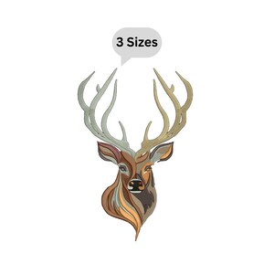May include: A stylized illustration of a deer head with large antlers. The deer is depicted in shades of brown, tan, and gray, with a speech bubble above the head that reads "3 Sizes". The artwork has a modern, geometric style.