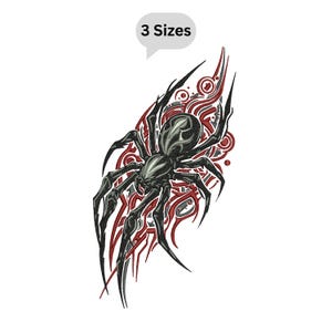 Op de afbeelding: Een zwart en grijs spinnentattoo-ontwerp met ingewikkelde details, tegen een rood en grijs tribaal patroon. Het ontwerp bevat de tekst "3 Sizes" in een tekstballon.