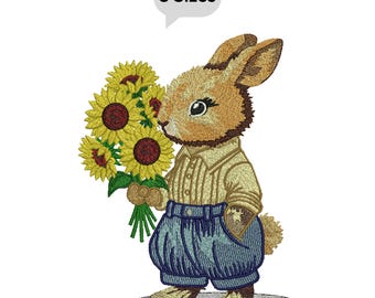 Desenho de coelho fofo segurando girassóis para bordado à máquina, arquivos para bordado em 3 tamanhos (download digital)