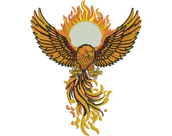 Phoenix Embroidery Design, Fire Bird Machine Embroidery File, Fiery Eagle with Sun, Mythical Creature Embroidery File, instant download