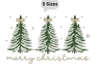 Merry Christmas Tree Embroidery Design, Three Christmas Trees Machine Embroidery File, Holiday Bow Tree Embroidery instant download 5 sizes