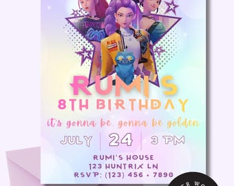 May include: A birthday invitation card featuring three animated characters and a blue creature inside a purple star. Text reads: JOIN US TO CELEBRATE, RUMI'S 8TH BIRTHDAY, it's gonna be, gonna be golden, JULY 24 3 PM, RUMI'S HOUSE 123 HUNTRIX LN, RSVP: (123) 456-7890.