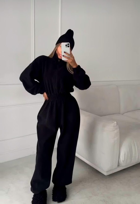 Women's Fleece Lined Jumpsuit | Warm Soft Double Fleece One-piece | Zipper  Front | Comfy Stretch Fit | Cozy Winter Loungewear Outfit