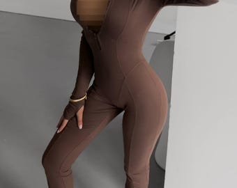 Women’s Knitwear Jumpsuit | Soft Stretch One-Piece Outfit | Cozy Minimalist Loungewear | Warm Winter Romper | Zip-Up Stretchy Fit