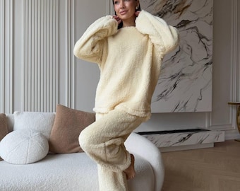 Wygodna piżama frotte dla kobiet | Ciepły, pluszowy komplet piżamowy na zimę | Miękka i wygodna odzież domowa do domu | Piżama o luźnym kroju