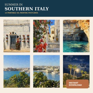 Puede incluir: Una colección de 14 postales imprimibles al óleo tituladas SUMMER IN SOUTHERN ITALY. Las imágenes muestran escenas mediterráneas que incluyen edificios de piedra blanca, flores rojas, acantilados costeros, agua turquesa y palmeras bajo la luna.